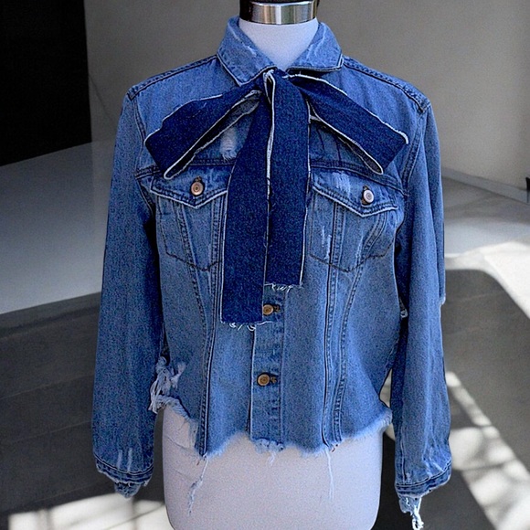 Twelve by Ontwelfth Distressed Denim Jacket with Bow - Picture 14 of 16